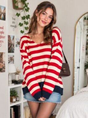 💕 Cute Fall Sweater in Red and Cream with Navy Trim ✨